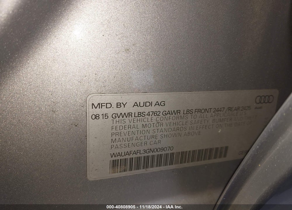 2016 AUDI A4 2.0T PREMIUM VIN: WAUAFAFL3GN009070