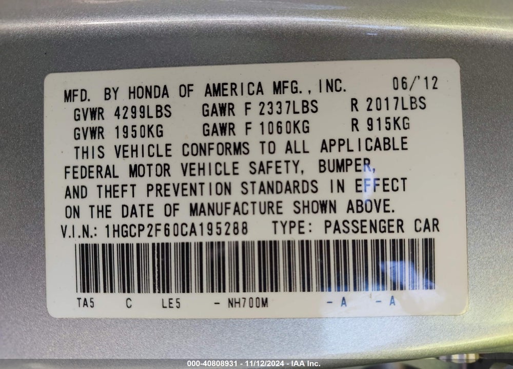 2012 HONDA ACCORD 2.4 SE VIN: 1HGCP2F60CA195288