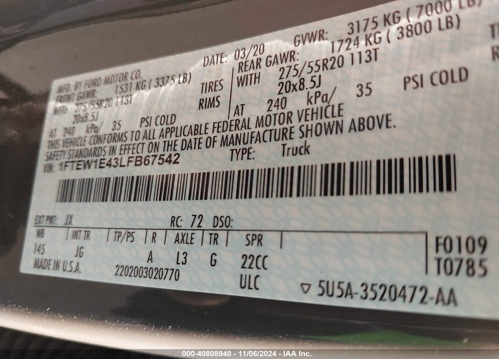2020 FORD F-150 XL VIN: 1FTEW1E43LFB67542