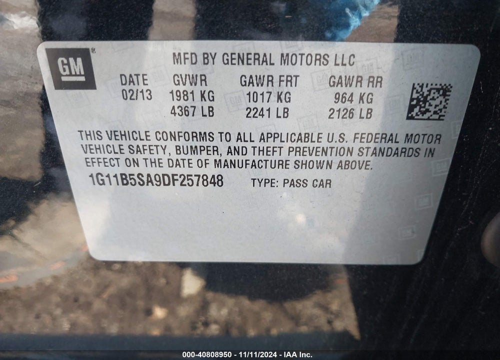 2013 CHEVROLET MALIBU 1LS VIN: 1G11B5SA9DF257848
