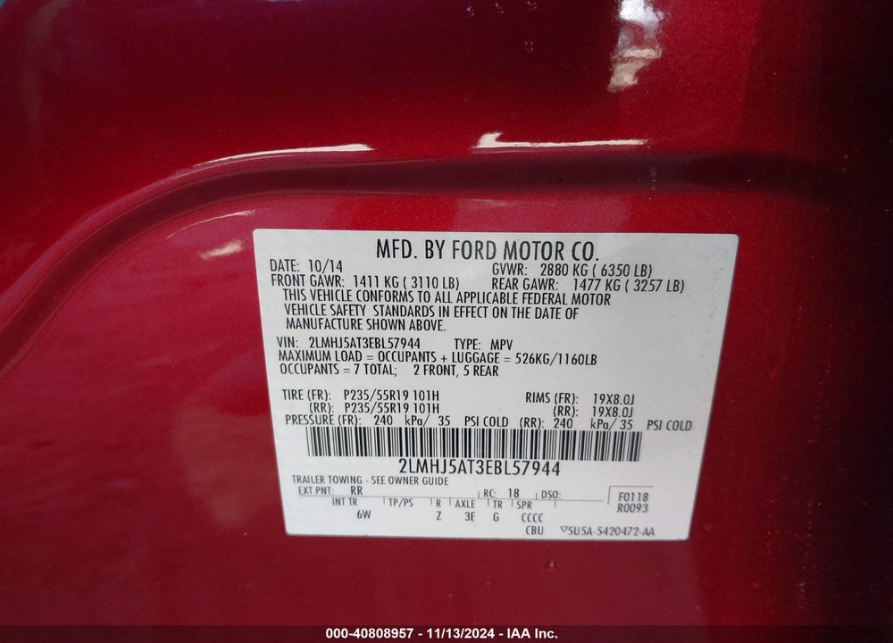 2014 LINCOLN MKT ECOBOOST VIN: 2LMHJ5AT3EBL57944