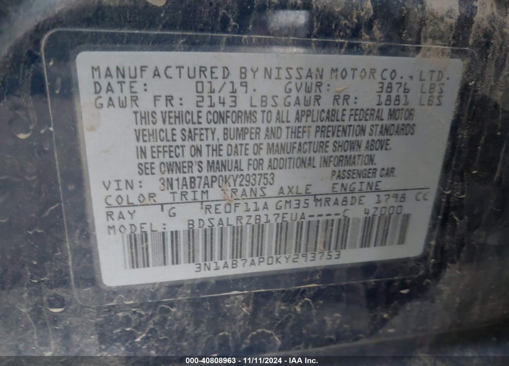 2019 NISSAN SENTRA S/SV/SR/SL VIN: 3N1AB7AP0KY293753