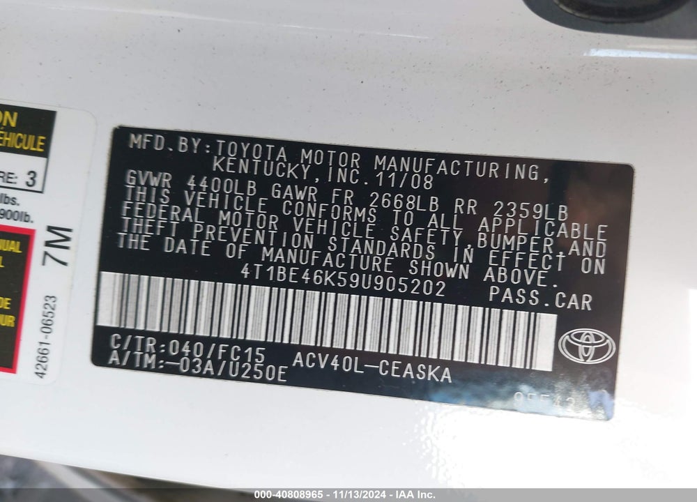 2009 TOYOTA CAMRY SE VIN: 4T1BE46K59U905202