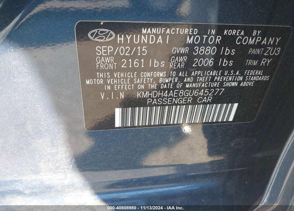 2016 HYUNDAI ELANTRA VALUE EDITION VIN: KMHDH4AE8GU645277
