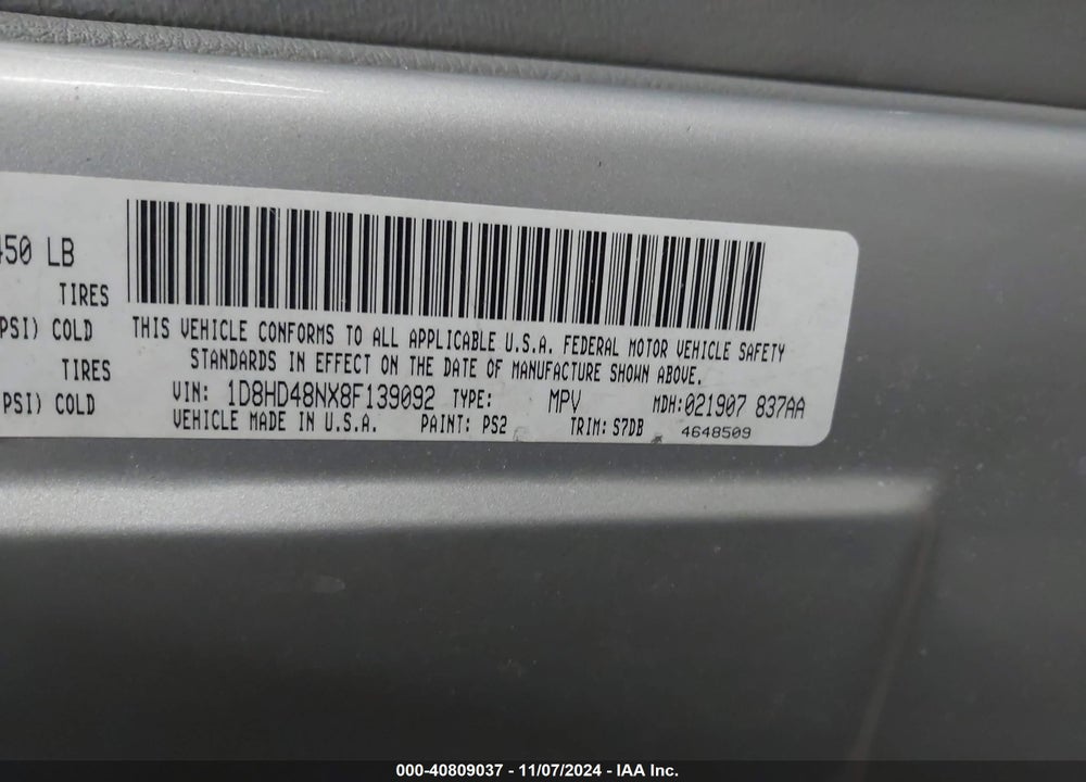 2008 DODGE DURANGO SLT VIN: 1D8HD48NX8F139092
