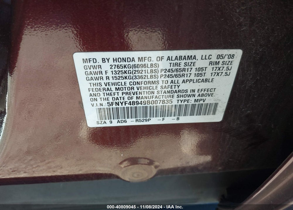 2009 HONDA PILOT TOURING VIN: 5FNYF48949B007835