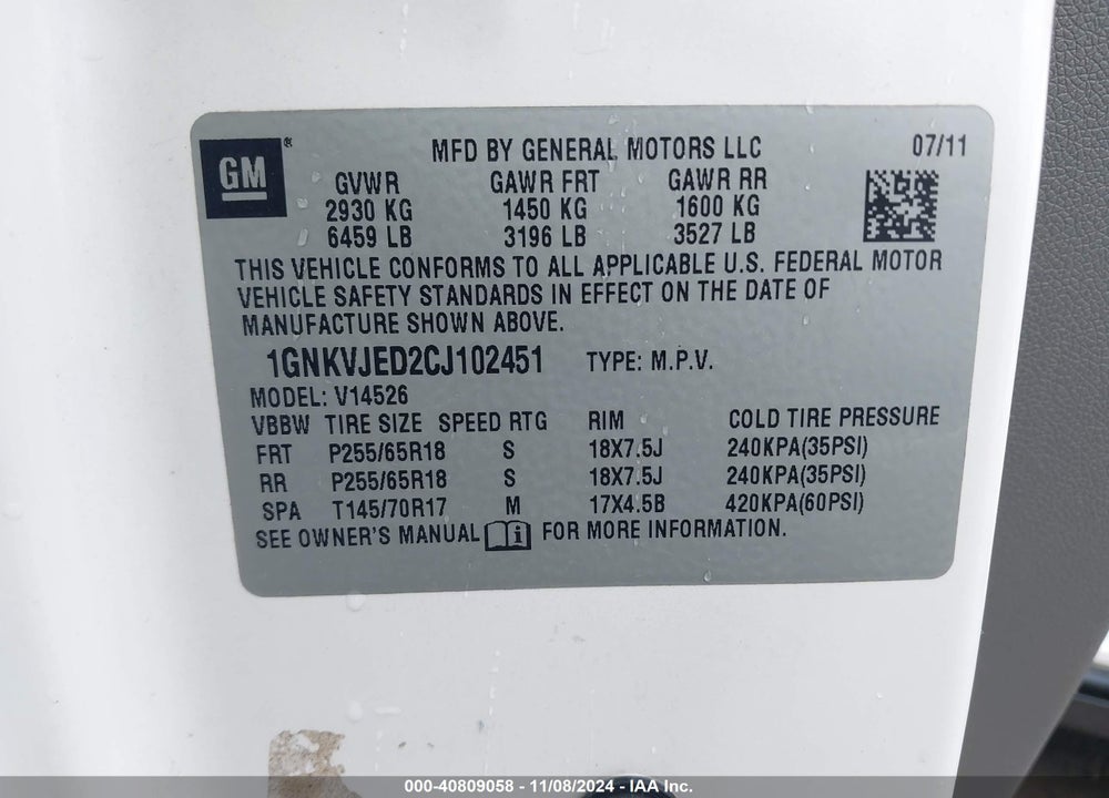 2012 CHEVROLET TRAVERSE 2LT VIN: 1GNKVJED2CJ102451
