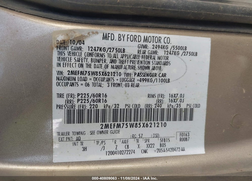 2005 MERCURY GRAND MARQUIS LS/LSE VIN: 2MEFM75W85X621210