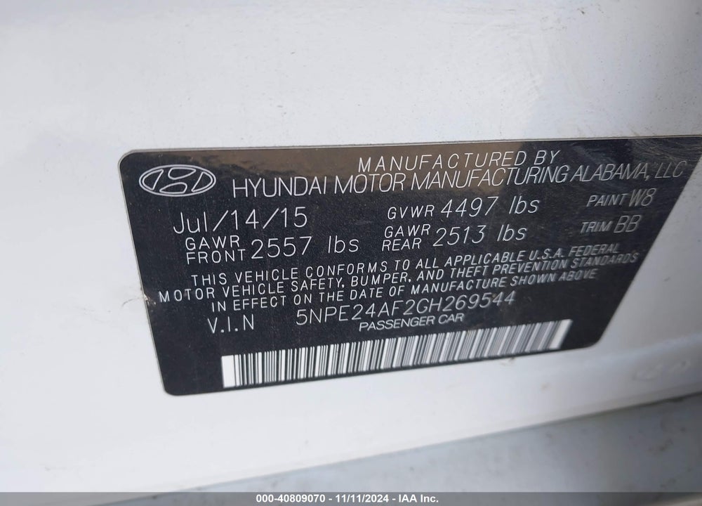 2016 HYUNDAI SONATA SE VIN: 5NPE24AF2GH269544