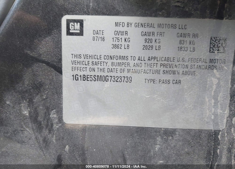 2016 CHEVROLET CRUZE LT AUTO VIN: 1G1BE5SM0G7323739