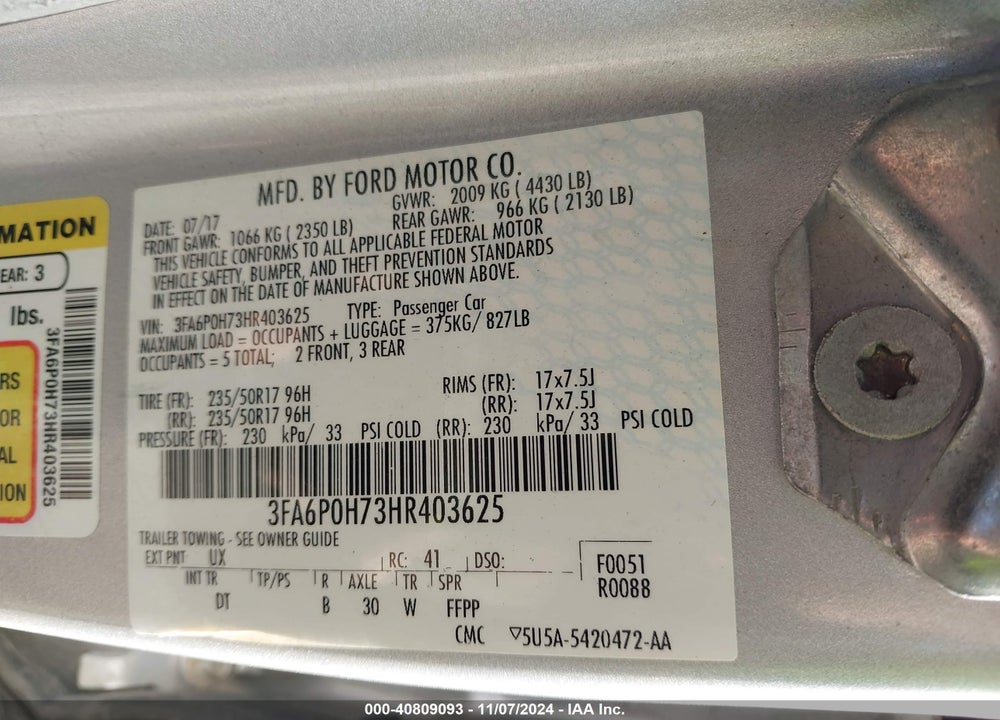 2017 FORD FUSION SE VIN: 3FA6P0H73HR403625