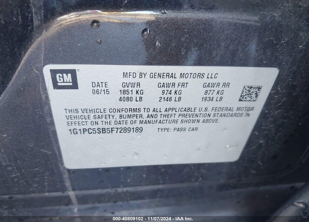 2015 CHEVROLET CRUZE 1LT AUTO VIN: 1G1PC5SB5F7289189