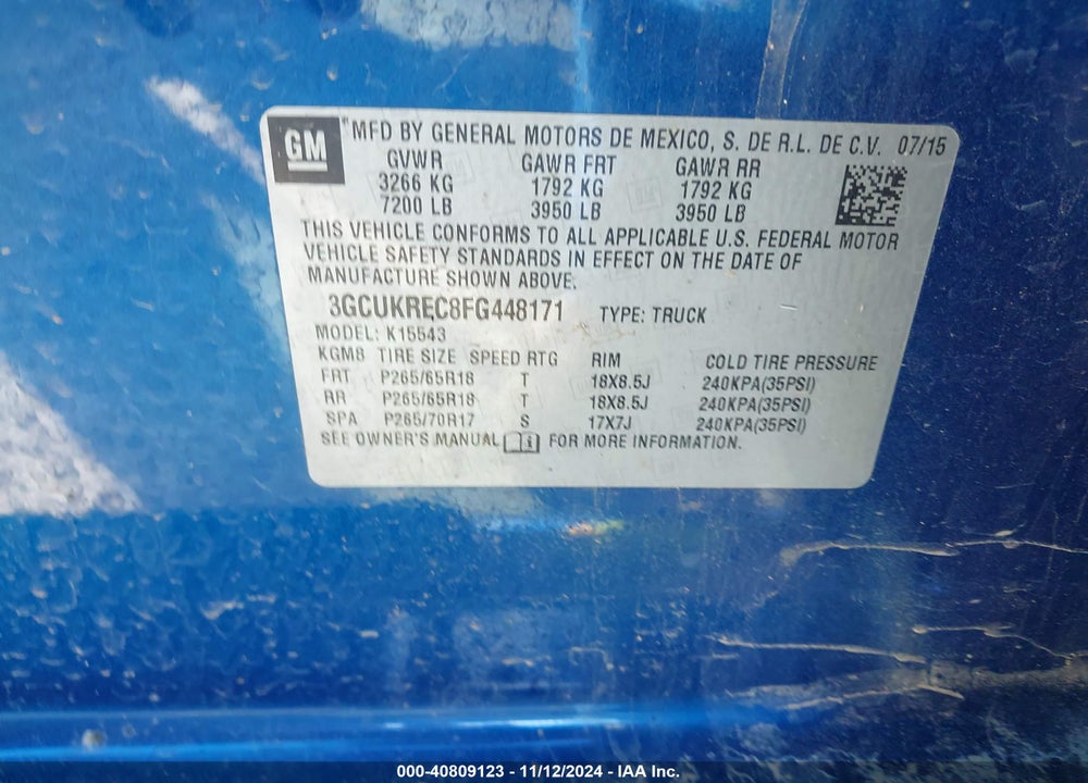 2015 CHEVROLET SILVERADO 1500 2LT VIN: 3GCUKREC8FG448171