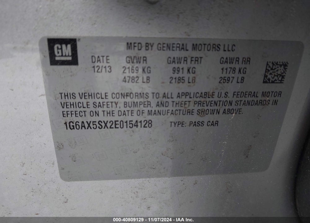 2014 CADILLAC CTS LUXURY VIN: 1G6AX5SX2E0154128