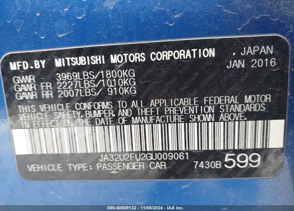 2016 MITSUBISHI LANCER ES VIN: JA32U2FU2GU009061