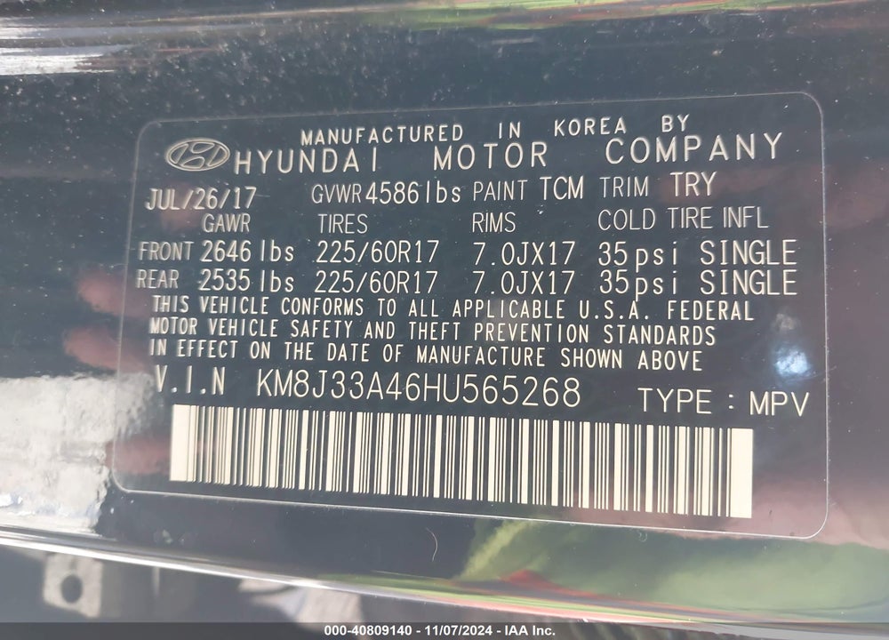 2017 HYUNDAI TUCSON VIN: KM8J33A46HU565268