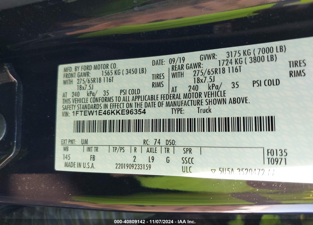 2019 FORD F-150 XLT VIN: 1FTEW1E46KKE96354