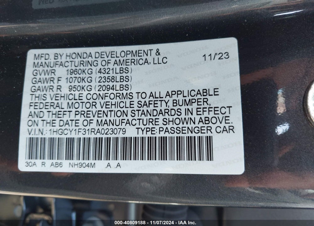 2024 HONDA ACCORD EX VIN: 1HGCY1F31RA023079
