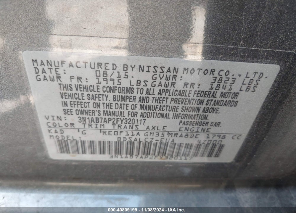 2015 NISSAN SENTRA S VIN: 3N1AB7AP2FY320117
