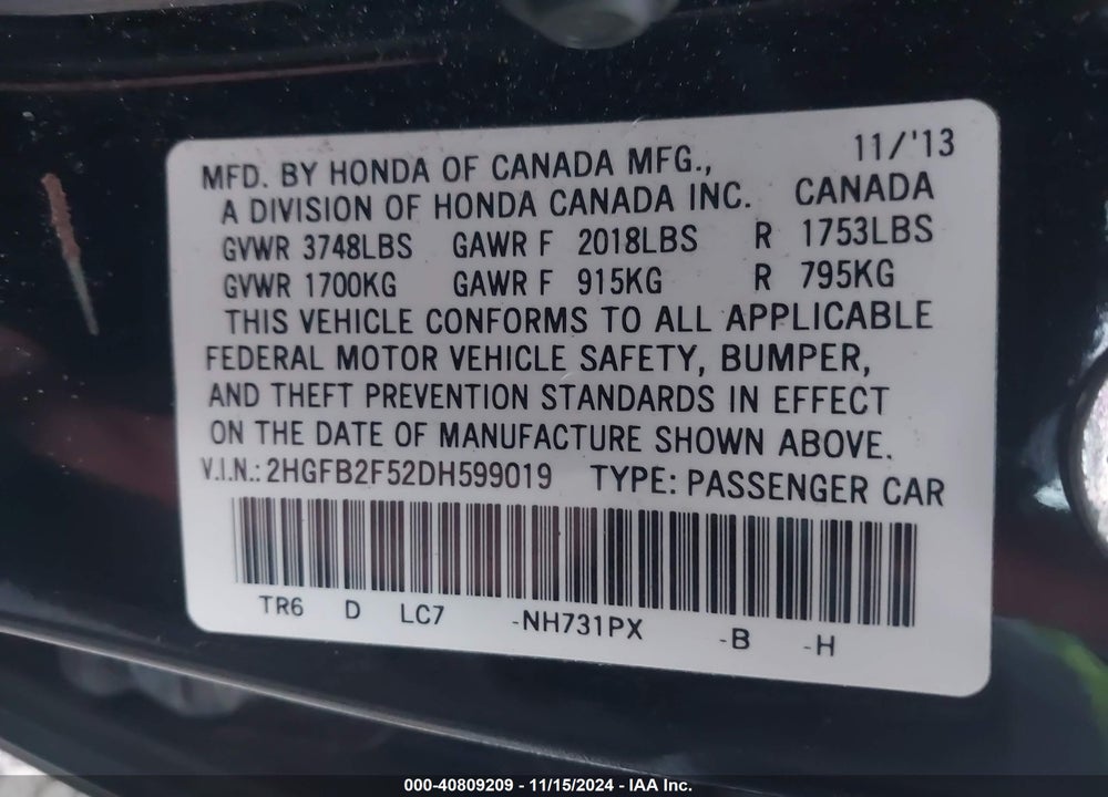 2013 HONDA CIVIC LX VIN: 2HGFB2F52DH599019
