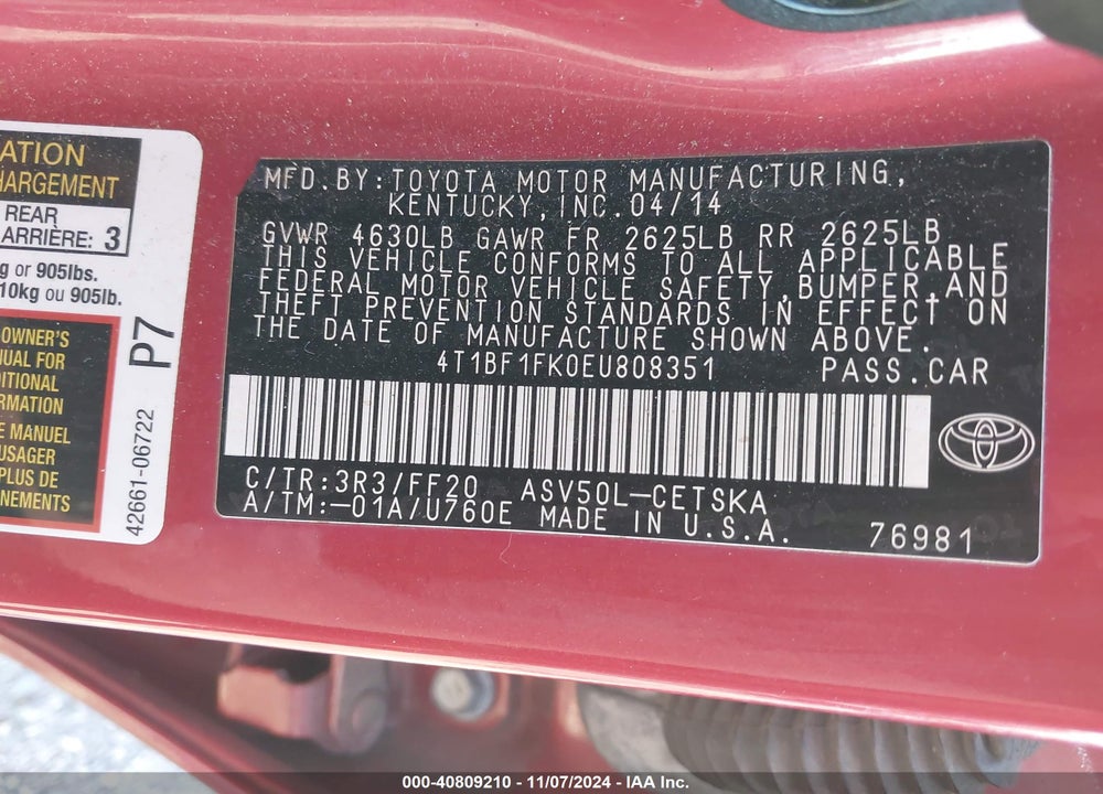 2014 TOYOTA CAMRY SE VIN: 4T1BF1FK0EU808351