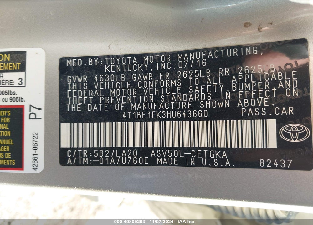 2017 TOYOTA CAMRY VIN: 4T1BF1FK3HU643660