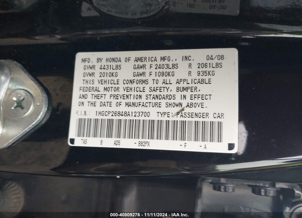 2008 HONDA ACCORD 2.4 EX-L VIN: 1HGCP26848A123700