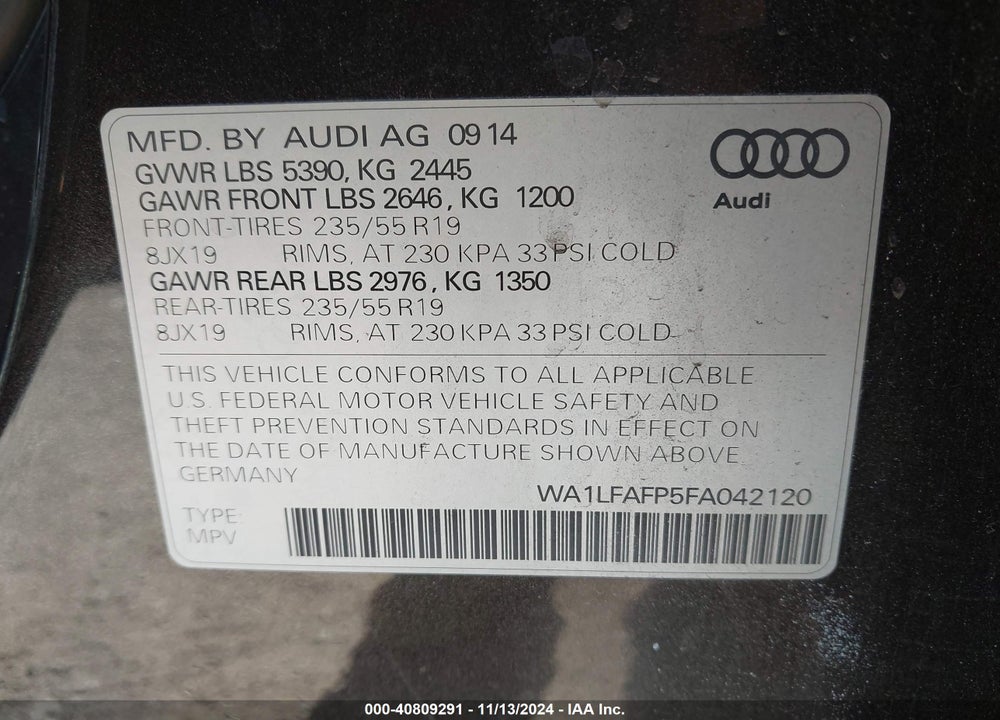 2015 AUDI Q5 VIN: WA1LFAFP5FA042120