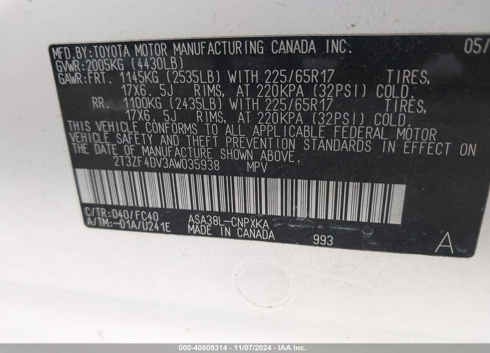 2010 TOYOTA RAV4 VIN: 2T3ZF4DV3AW035938