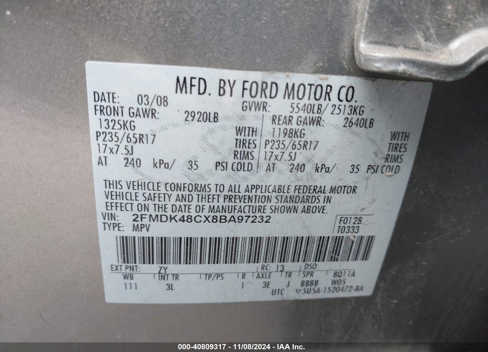 2008 FORD EDGE SEL VIN: 2FMDK48CX8BA97232