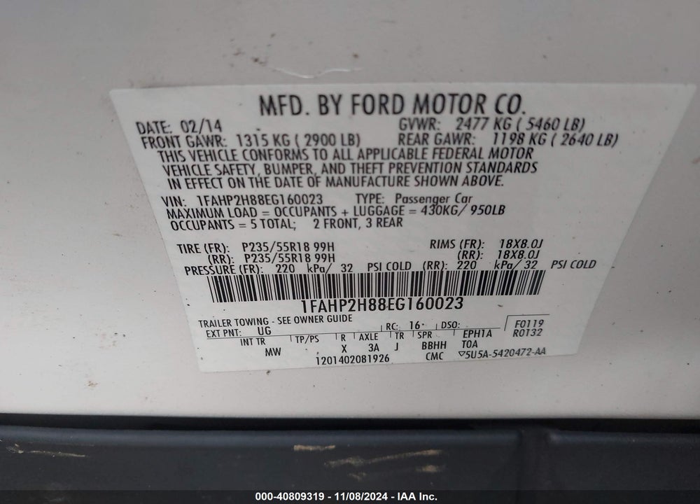 2014 FORD TAURUS SEL VIN: 1FAHP2H88EG160023