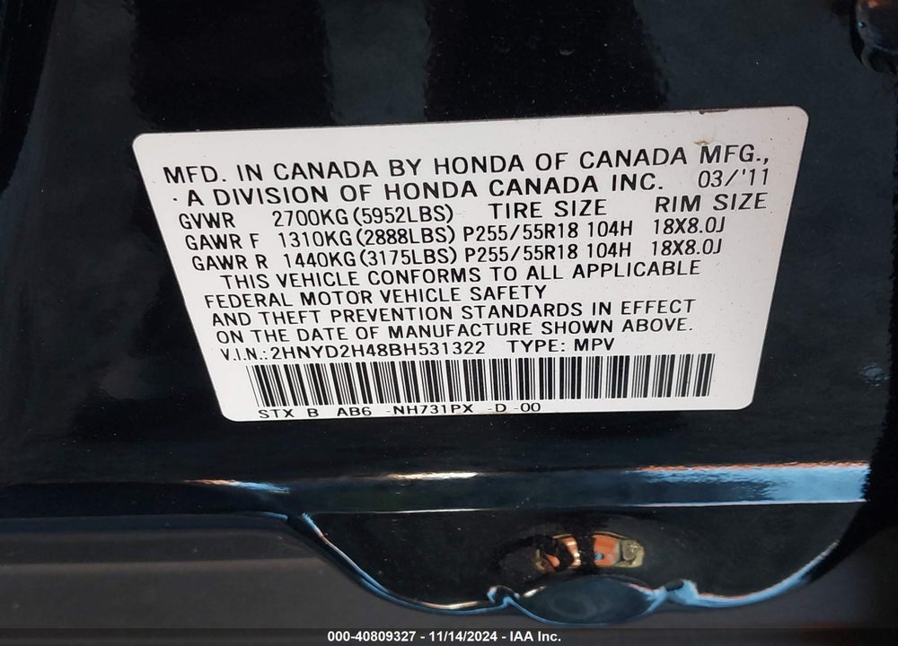 2011 ACURA MDX TECHNOLOGY PACKAGE VIN: 2HNYD2H48BH531322