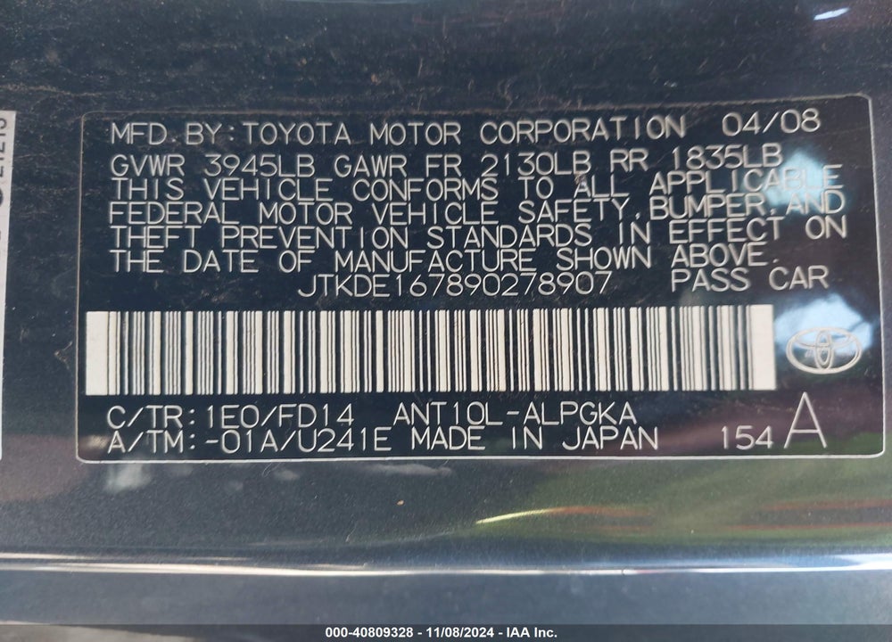 2009 SCION TC VIN: JTKDE167890278907