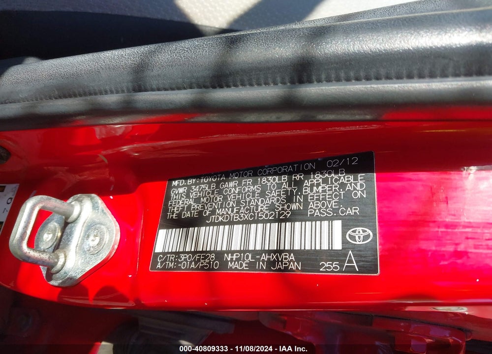 2012 TOYOTA PRIUS C ONE VIN: JTDKDTB3XC1502129