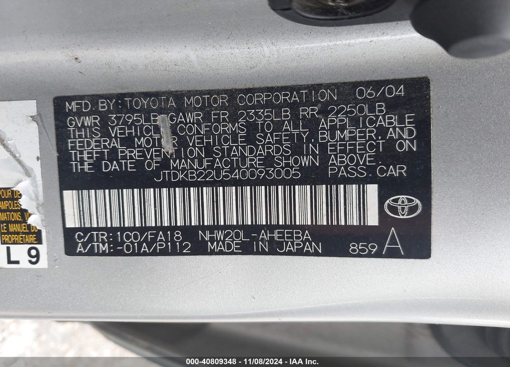 2004 TOYOTA PRIUS VIN: JTDKB22U540093005