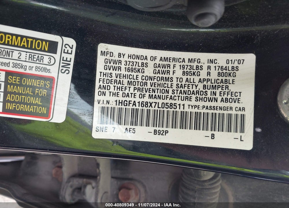 2007 HONDA CIVIC EX VIN: 1HGFA168X7L058511