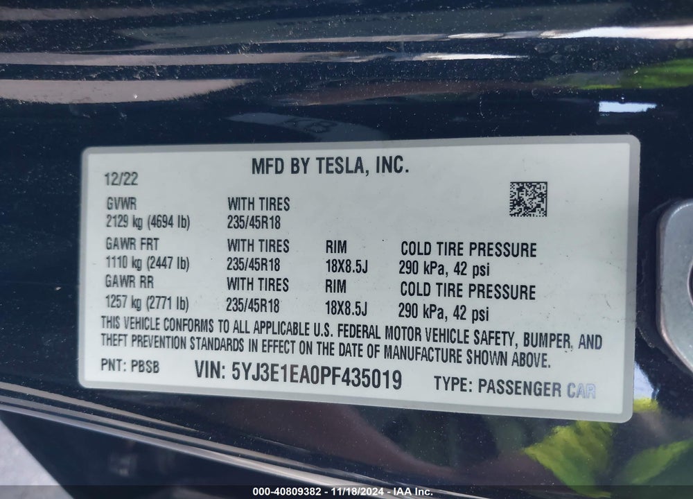 2023 TESLA MODEL 3 REAR-WHEEL DRIVE VIN: 5YJ3E1EA0PF435019