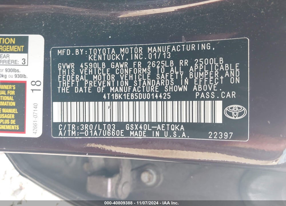 2013 TOYOTA AVALON VIN: 4T1BK1EB5DU014425
