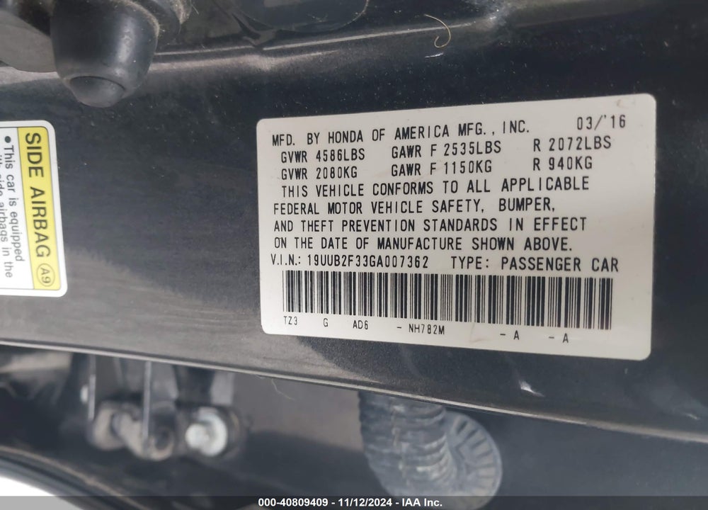 2016 ACURA TLX V6 VIN: 19UUB2F33GA007362