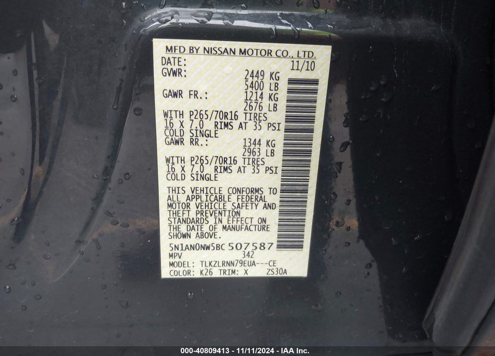 2011 NISSAN XTERRA S VIN: 5N1AN0NW5BC507587
