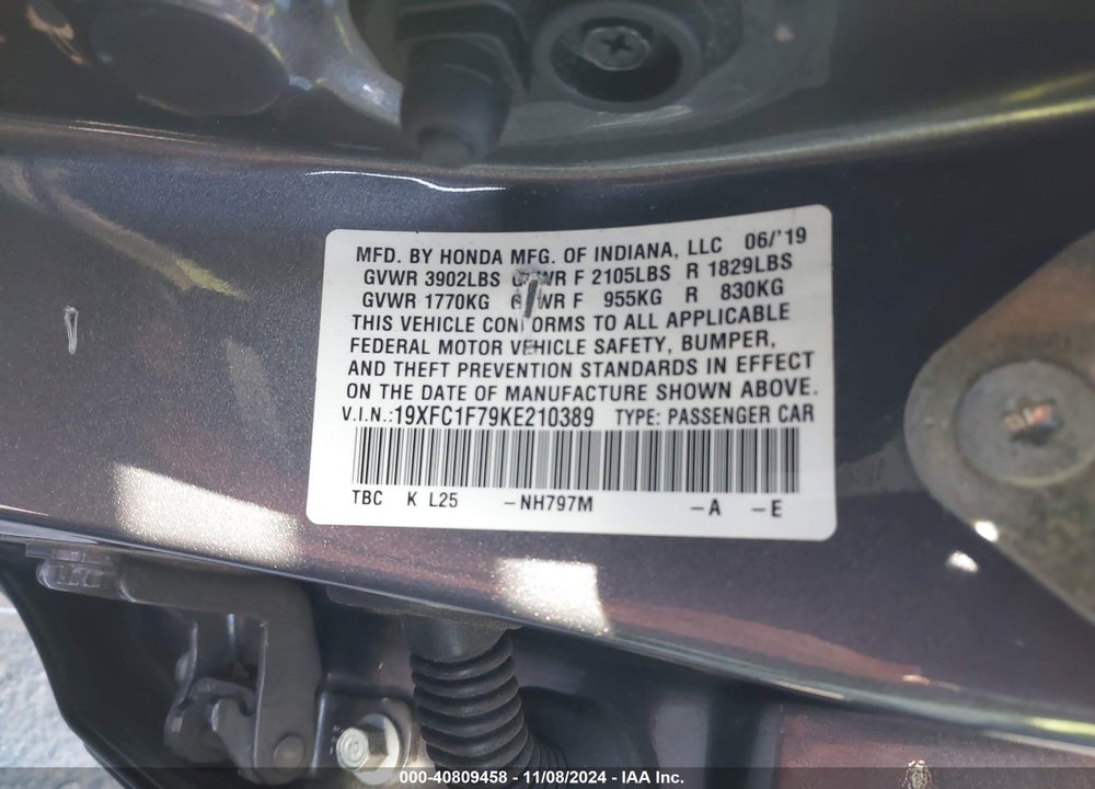 2019 HONDA CIVIC EX-L VIN: 19XFC1F79KE210389