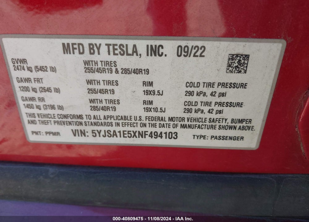 2022 TESLA MODEL S DUAL MOTOR ALL-WHEEL DRIVE VIN: 5YJSA1E5XNF494103