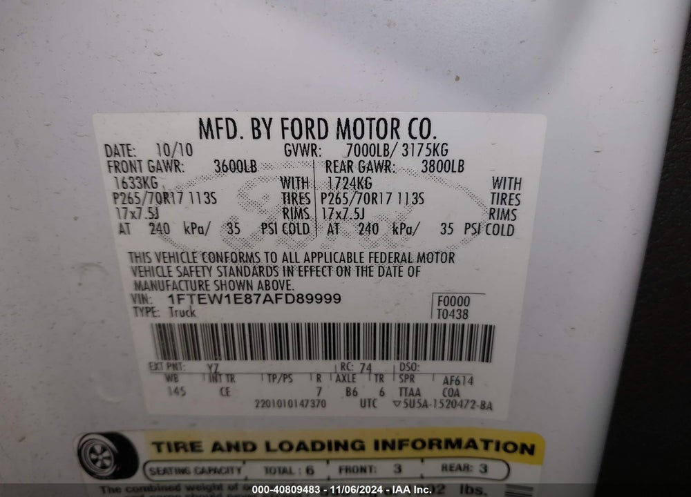 2010 FORD F-150 XL/XLT VIN: 1FTEW1E87AFD89999