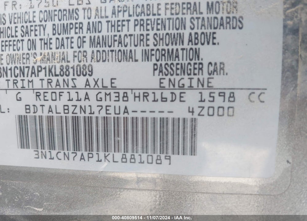 2019 NISSAN VERSA 1.6 SV VIN: 3N1CN7AP1KL881089