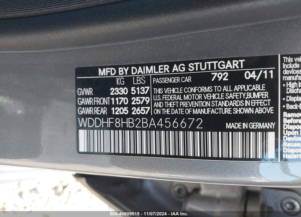2011 MERCEDES-BENZ E 350 4MATIC VIN: WDDHF8HB2BA456672