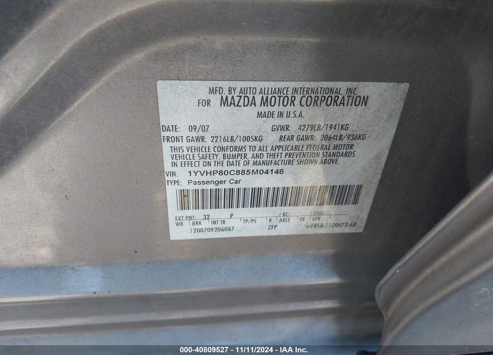 2008 MAZDA 6 I SPORT VE VIN: 1YVHP80C885M04146