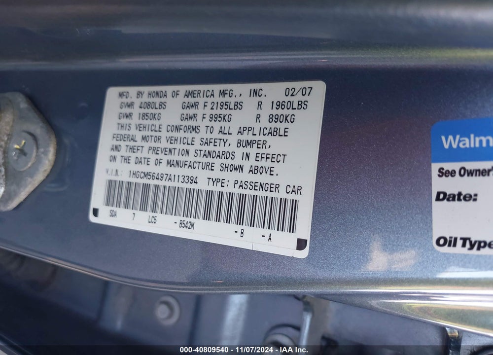 2007 HONDA ACCORD 2.4 LX VIN: 1HGCM56497A113394