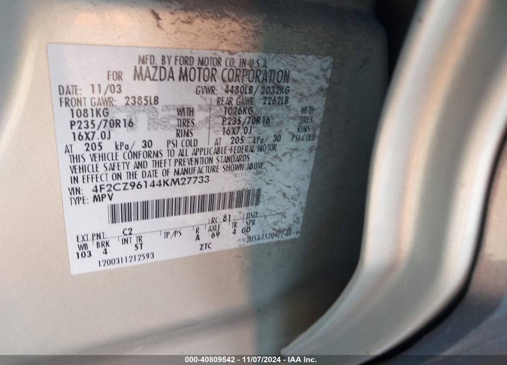 2004 MAZDA TRIBUTE ES VIN: 4F2CZ96144KM27733