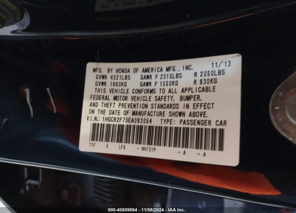 2014 HONDA ACCORD EX VIN: 1HGCR2F75EA093054