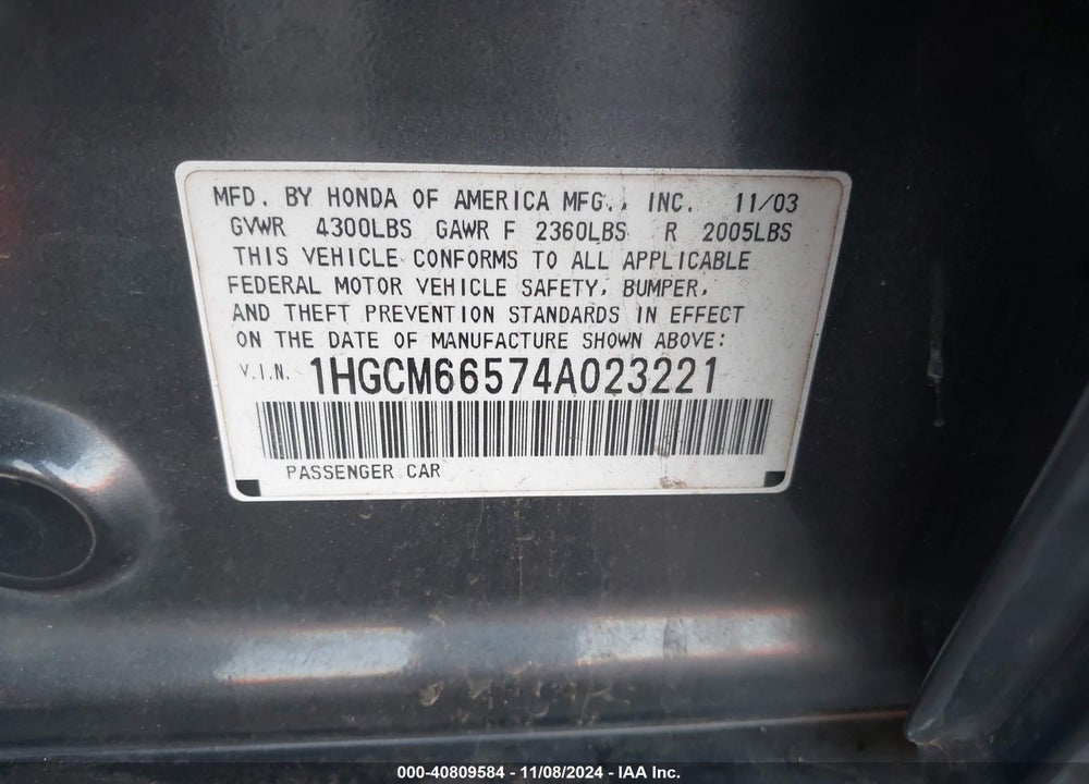 2004 HONDA ACCORD 3.0 EX VIN: 1HGCM66574A023221